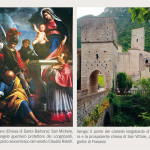 A sinistra San Michele, l’Arcangelo guerriero protettore dei Longobardi, nel dipinto seicentesco del veneto Claudio Ridolfi custodito a Barbara (Chiesa di Santa Barbara); a destra il ponte di Pierosara e la prospiciente chiesa di San Vittore, presso le grotte di Frasassi, a Genga