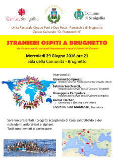 Locandina dell'incontro a Brugnetto di Trecastelli per parlare di rifugiati e accoglienza