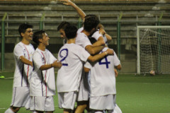 L'esultanza della squadra Fc Senigallia dopo il goal all'Olimpia Marzocca in coppa Italia