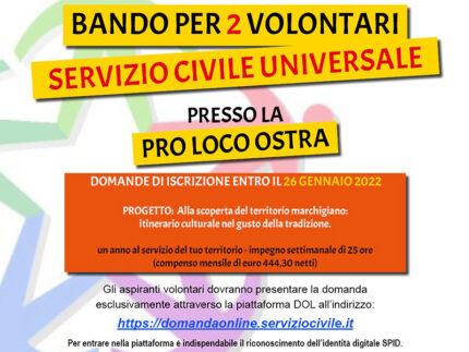 Bando per 2 volonatri Servizio Civile Universale presso la Pro Loco Ostra