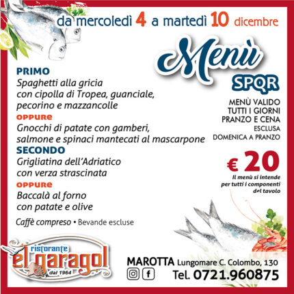 Ristorante El Garagol - Menu della settimana dal 4 al 10 dicembre 2024