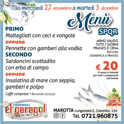 Ristorante El Garagol - Menu della settimana dal 27 novembre al 3 dicembre 2024