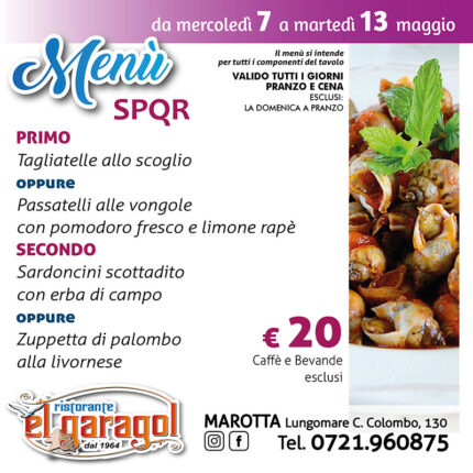Ristorante El Garagol - Menu della settimana dal 7 al 13 maggio 2025