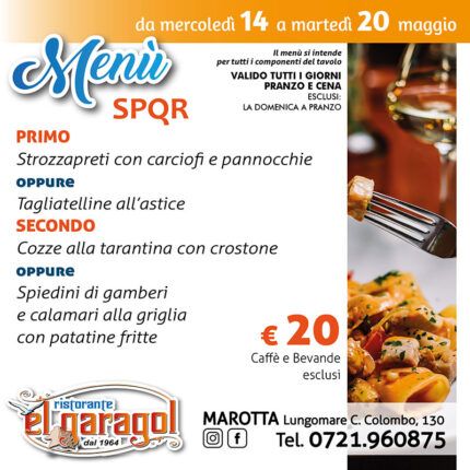 Ristorante El Garagol - Menu della settimana dal 14 al 20 maggio 2025