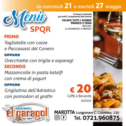 Ristorante El Garagol - Menu della settimana dal 21 al 27 maggio 2025