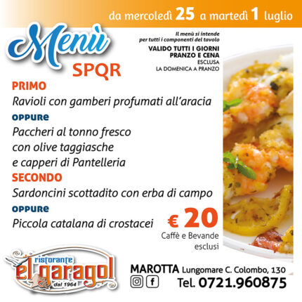 Ristorante El Garagol - Menu della settimana dal 25 giugno al 1° luglio 2025