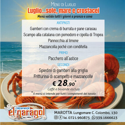 Ristorante El Garagol a Marotta di Mondolfo - Menu mese di luglio 2025