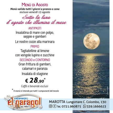 Ristorante El Garagol a Marotta di Mondolfo - Menu mese di agosto 2025