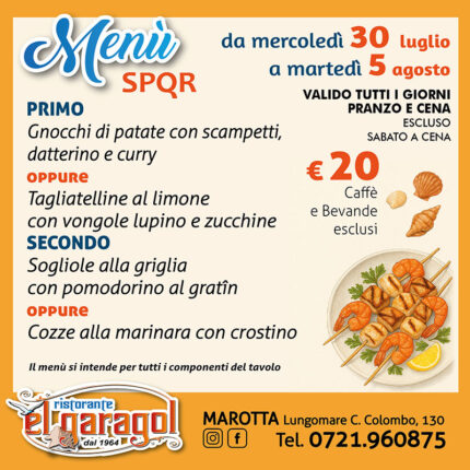 Ristorante El Garagol - Menu della settimana dal 30 luglio al 5 agosto 2025
