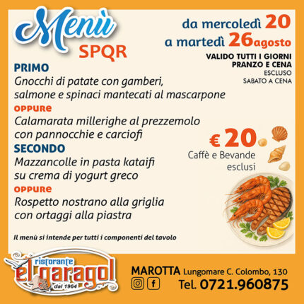 Ristorante El Garagol - Menu della settimana dal 20 al 26 agosto 2025