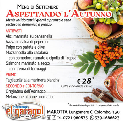 Ristorante El Garagol a Marotta di Mondolfo - Menu mese di settembre 2025