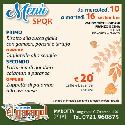 Ristorante El Garagol - Menu della settimana dal 10 al 16 settembre 2025