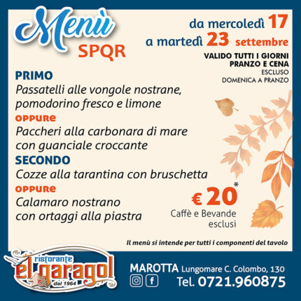 Ristorante El Garagol - Menu della settimana dal 17 al 23 settembre 2025