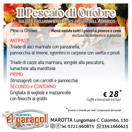 Ristorante El Garagol a Marotta di Mondolfo - Menu mese di ottobre 2025