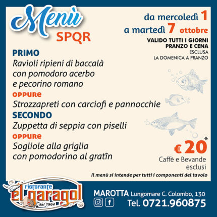 Ristorante El Garagol - Menu della settimana dall'1 al 7 ottobre 2025