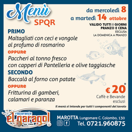 Ristorante El Garagol - Menu della settimana dall'8 al 14 ottobre 2025