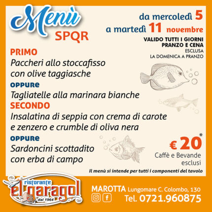 Ristorante El Garagol - Menu della settimana dal 5 all'11 novembre 2025
