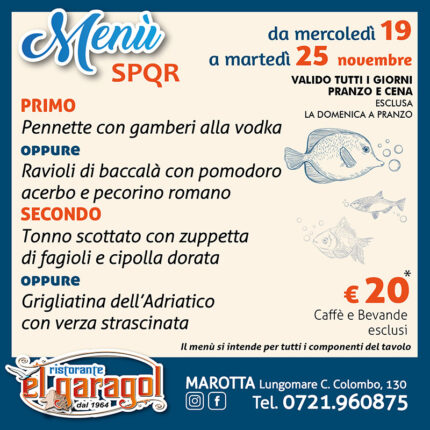 Ristorante El Garagol - Menu della settimana dal 19 al 25 novembre 2025