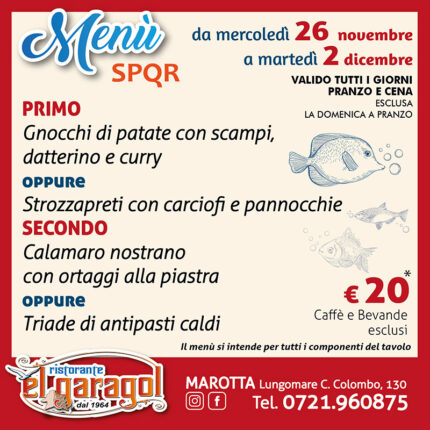 Ristorante El Garagol - Menu della settimana dal 26 novembre al 2 dicembre 2025