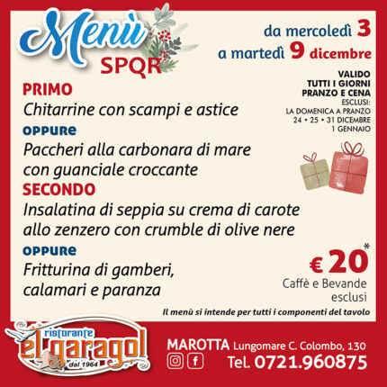 Ristorante El Garagol - Menu della settimana dal 3 al 9 dicembre 2025