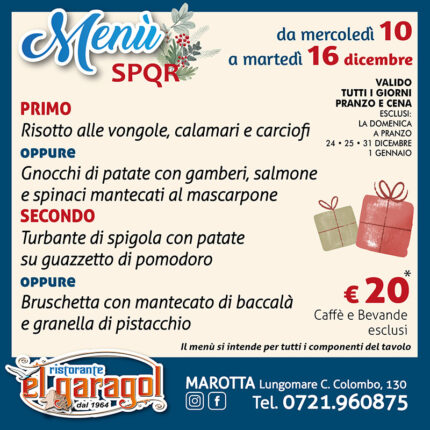 Ristorante El Garagol - Menu della settimana dal 10 al 16 dicembre 2025